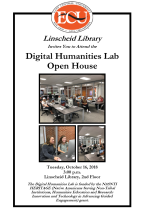 The Linscheid Library is hosting an open house for the new Digital Humanities Lab in the Linscheid Library on the second floor.  The lab is funded by the NASNTI HERITAGE (Native Americans Serving Non-Tribal Institutions, Humanities Education and Research: Innovation and Technology in Advancing Guided Engagement) Grant.